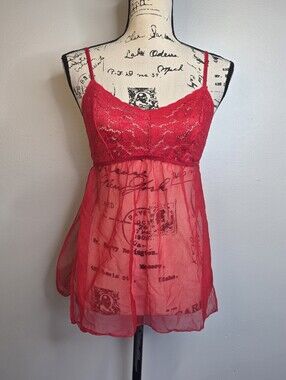 Espiral Red Lace & Sheer Mesh Babydoll Lingerie Top | Size Small